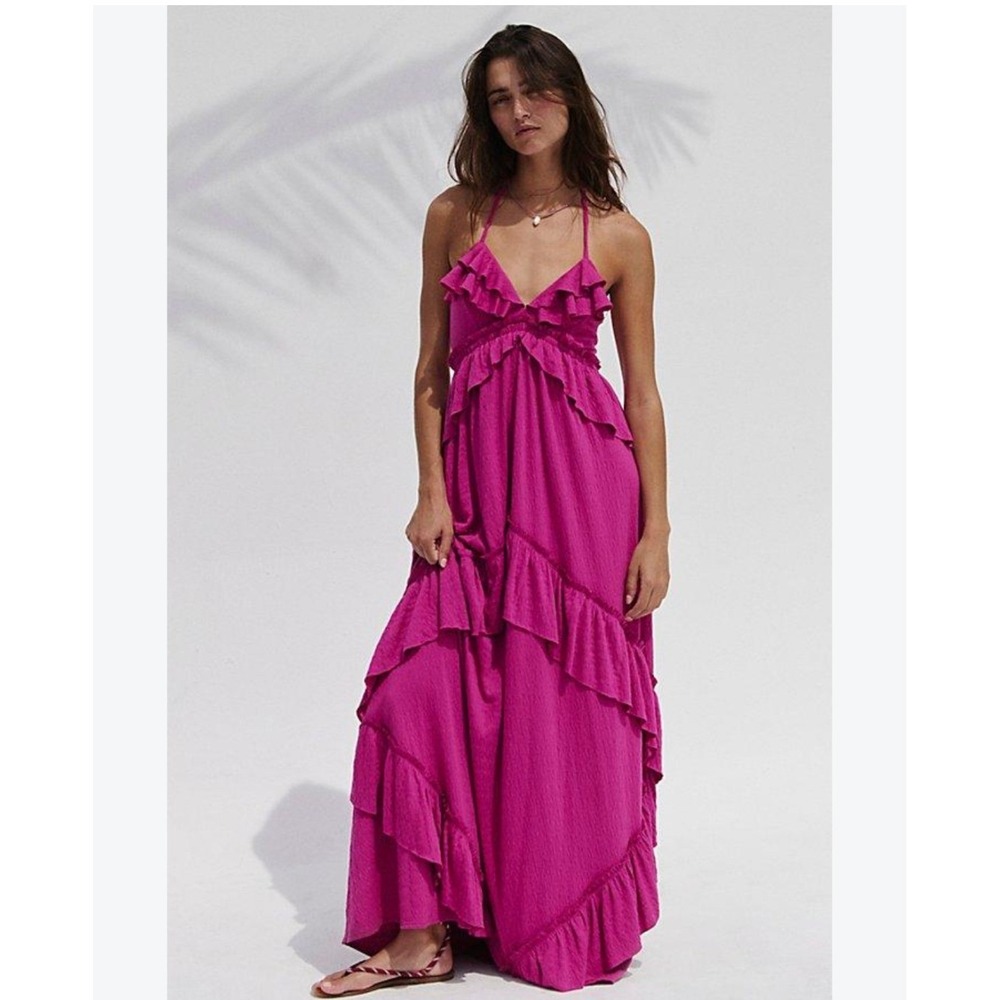 Free People FP Beach Pink Ruffle Maxi Dress Halter Open Back Magenta Medium
